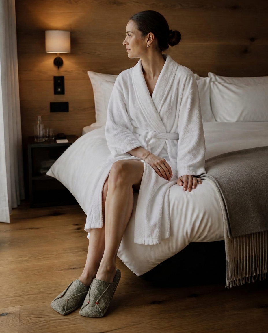 Hotel guest in a white robe wearing BAABUK wool slippers beside the bed