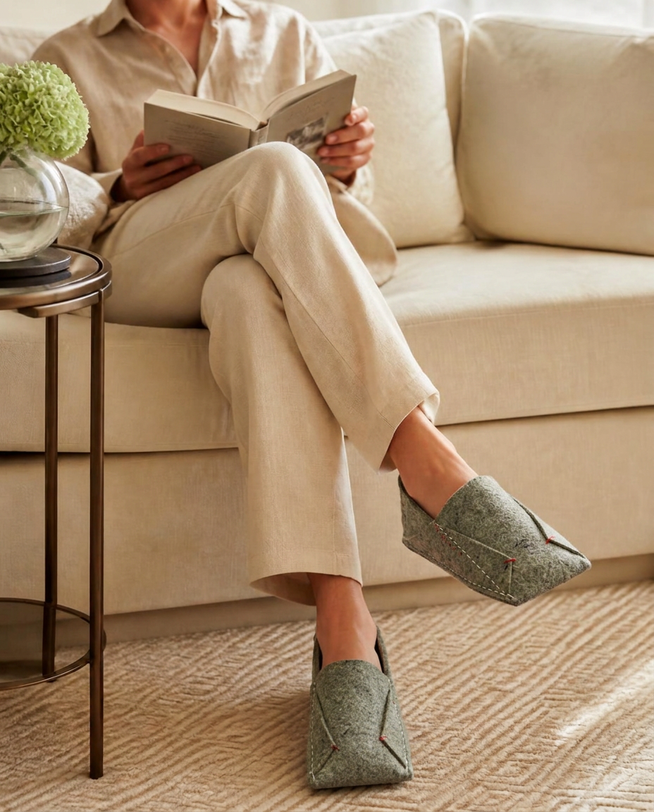 Guest reading on a hotel lounge sofa wearing BAABUK wool slippers