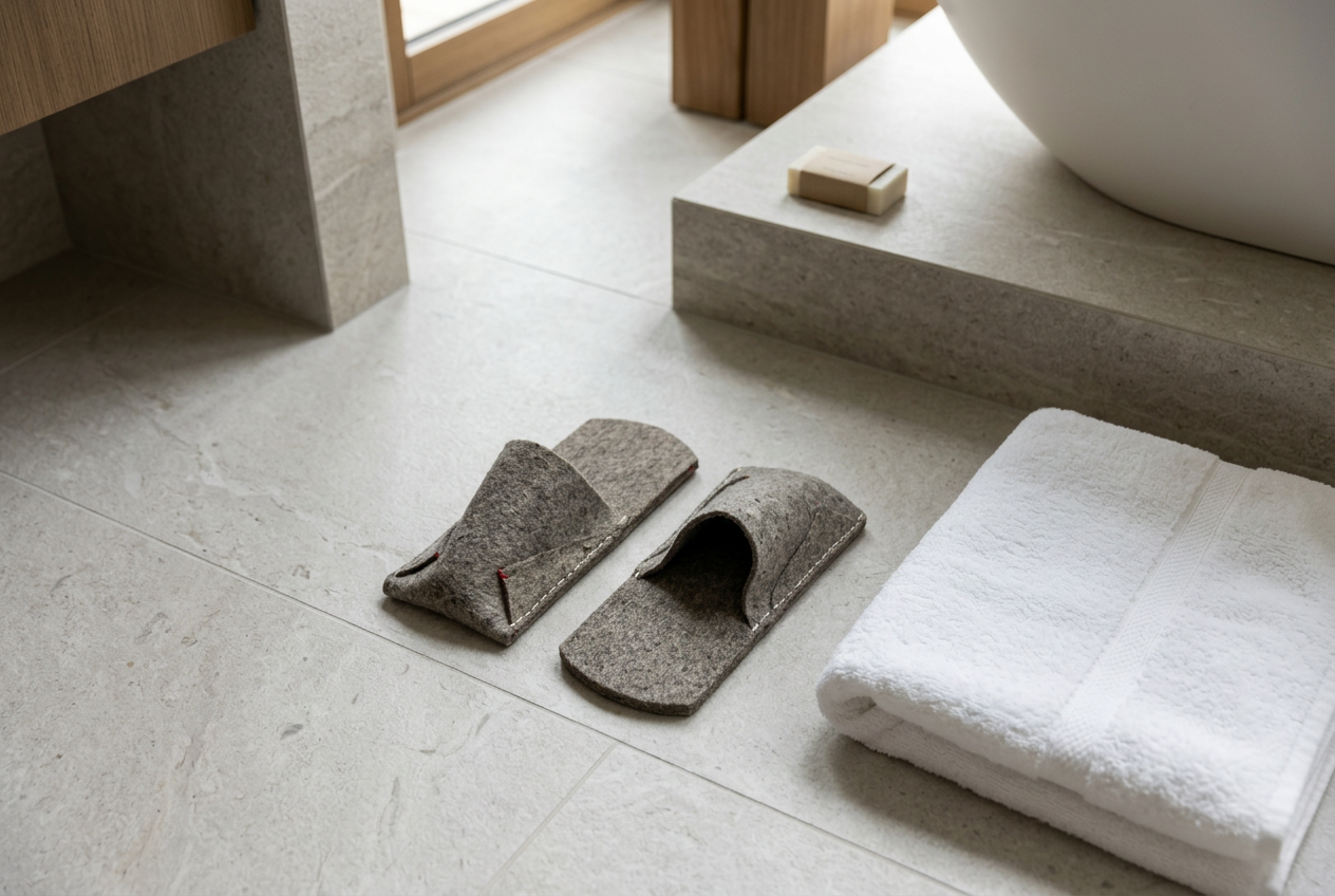 Pair of grey wool BAABUK slippers on a pale stone hotel bathroom floor next to a folded towel