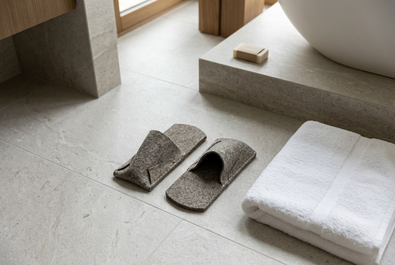 Pair of grey wool BAABUK slippers on a pale stone hotel bathroom floor next to a folded towel