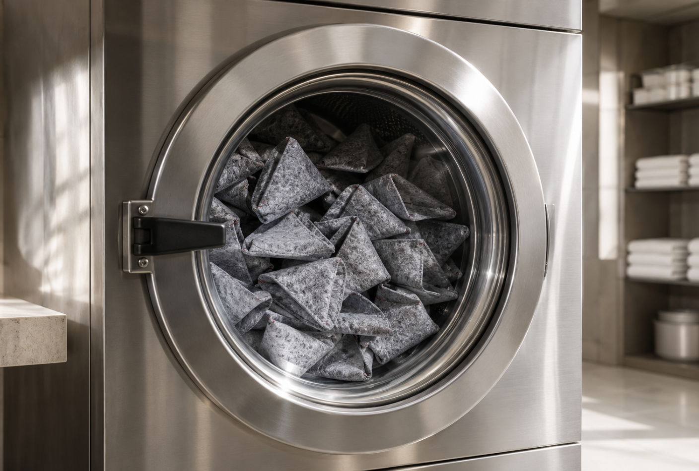 Dozens of grey felted wool BAABUK slippers ready for washing inside a stainless steel hotel laundry machine